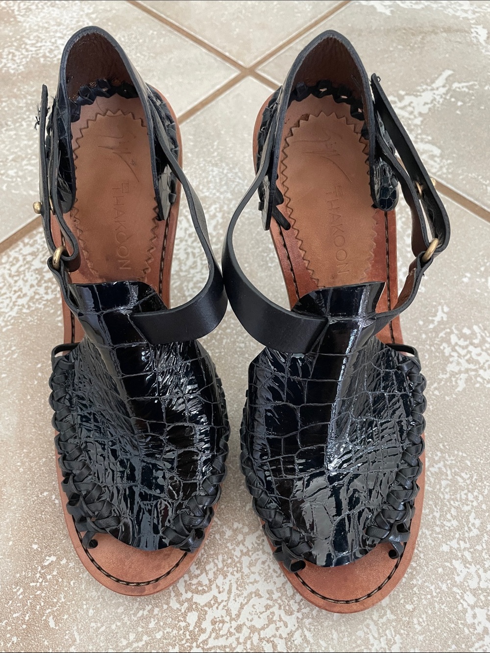 Thakoon Black Croc-Embossed Woven Leather Sandals